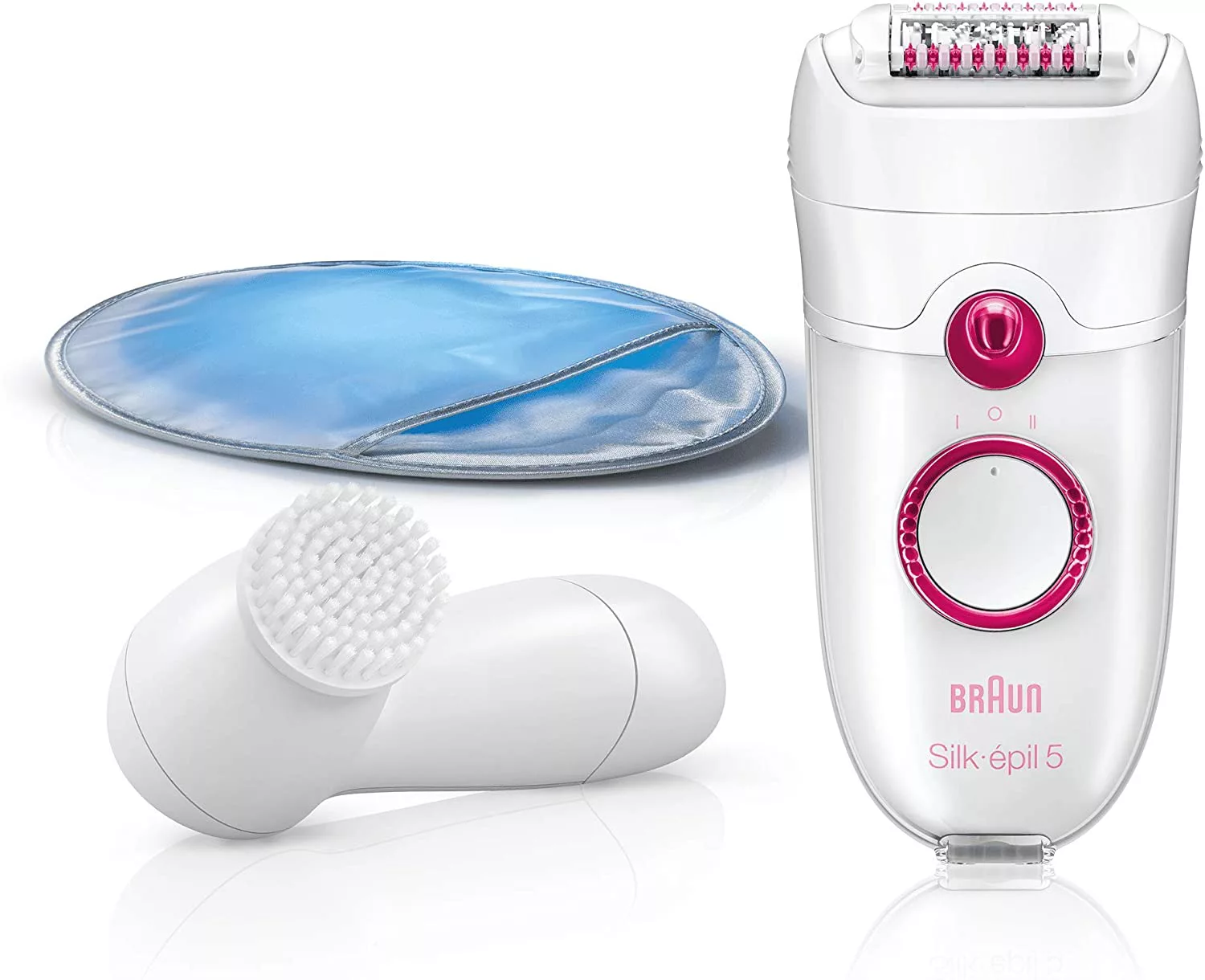 Braun Silk-épil 5 Power 5-329 - Pack con depiladora para mujer, 3 accesorios: masaje, guante de frío y cepillo limpiador facial, blanco/frambuesa