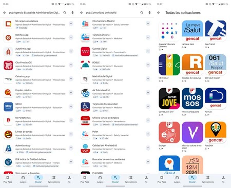 De izquierda a derecha: apps públicas de la Agencia Estatal de Administración Digital, de la Comunidad de Madrid y de la Generalitat de Catalunya