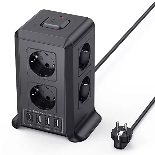 8 Tomas AC Torre Regletas Enchufes con 2 M Alargador Enchufe Multiple 4 USB