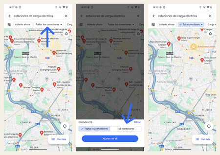 Capturas de pantalla mostrando cómo buscar estaciones de carga compatibles con el tipo de conector de nuestro coche eléctrico