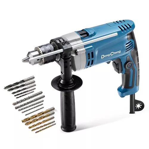 DongCheng - Taladro de percusión (710 W, 13 mm, taladro de percusión, 45,000 IPM, 3000 RPM con 15 coronas de perforación para metal, madera y hormigón