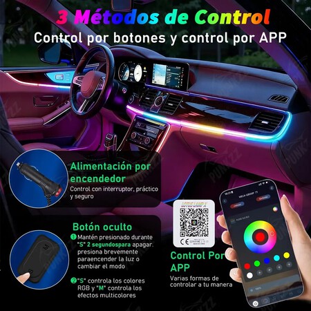 Luz Led Interior Auto Tiras Neon Rgb 10en1 App Encendedor Mexico