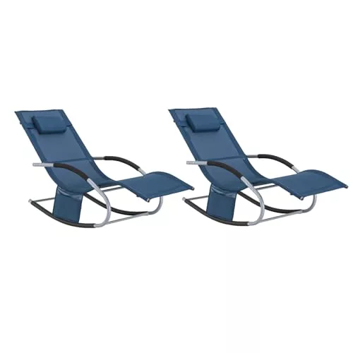 SoBuy Set de 2 Tumbonas Mecedoras con Almohada y Bolsillo Lateral Estructura de Hierro Malla Transpirable Teslin Cómodo Soporta hasta 150 kg Color Azul Marino 63 x 150 x 87 cm OGS28-NBx2 ES