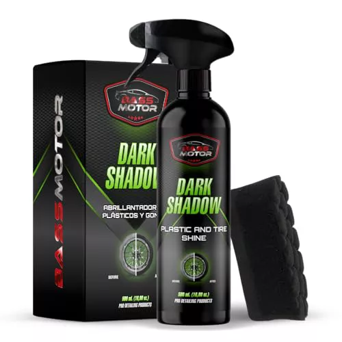 BassMotor Abrillantador de Plástico y Neumáticos Coche Moto Restaurador Gomas Viejas Recupera Brillo Interior y Exterior para Abrillantado en Casa - Dark Shadow 500ml + Esponja Premium