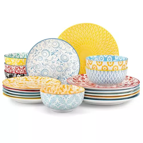vancasso Serie SELENE Vajillas Completas 6 Personas, Juego de 18 Piezas Vajillas en Porcelana Pastel - 6 Platos Llanos, 6 Platos de Postre y 6 Cuencos, Apto para Lavavajillas y Microondas
