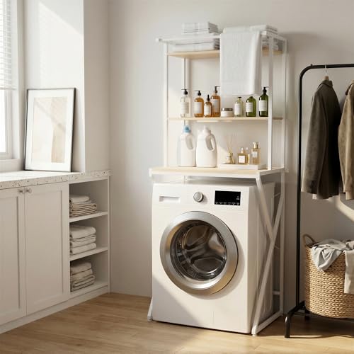 APICIZON Estantería para lavadora con toallero, estante para inodoro, 3 niveles, 67 × 40 × 165 cm, diseño de moda, para baño, cocina, balcón, natural y blanco