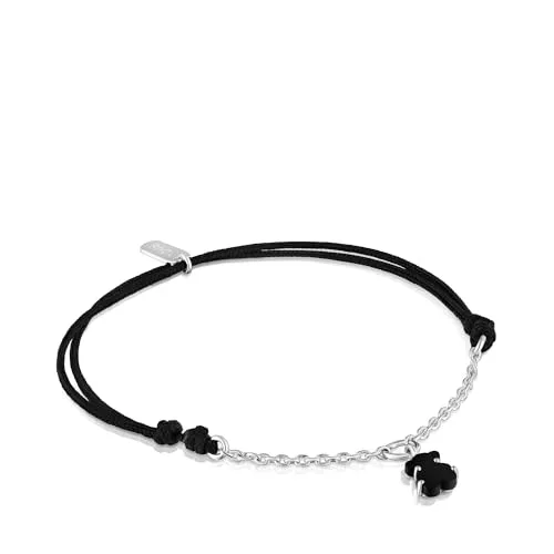 TOUS Pulsera de Plata de Primera Ley y Cordón con Motivo Oso en Ónix para Mujer, 16cm de Largo, Colección Mini Color