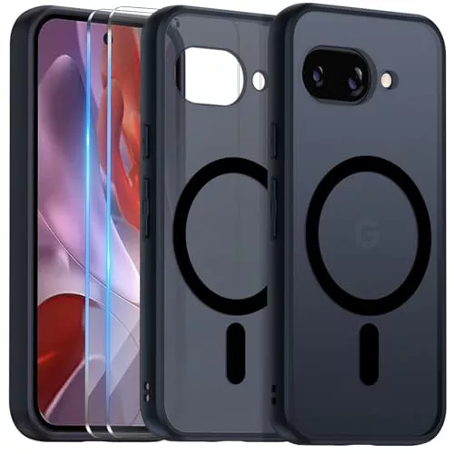 COPIKE Funda Magnética para Google Pixel 9A con 2 Cristal Templado, Compatible con mag Safe Carcasa Antigolpes Translúcida Trasera, Mate Negro
