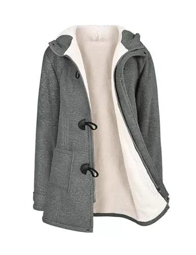 Yuson Girl Abrigos Mujer Invierno Chaqueta con Horn Botones Espesar Hoodie Abrigo Elegantes Sudaderas Mujer con Capucha Casual Jacket Cardigans Tops Cremallera Outwear con Bolsillos(Gris oscuro, S)
