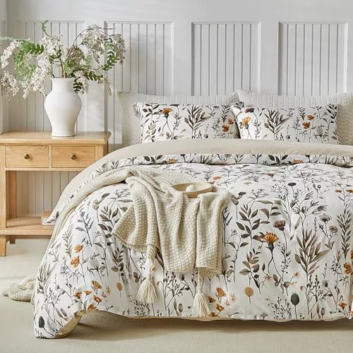 Lekesky Funda Nórdica Cama 135/150, Funda Nordica 240x220 con Flores y Hojas Patrón Microfibra 3 Piezas 