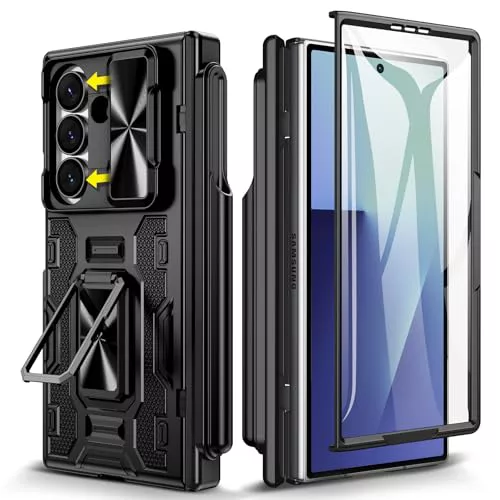 Doeshine Funda para Samsung Z Fold 7 con Soporte, Anillo de 360 °, Cubierta de Cámara, Protector de Pantalla de Vidrio Templado, Protección de Bisagra Magnética, Cover para Galaxy Z Fold 7 (Negro)