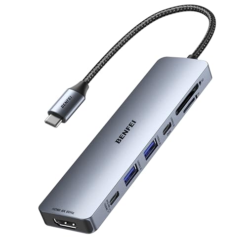 BENFEI 7 in 1 USB C HUB with HDMI (4K@60Hz), 2*USB-A, 1*USB-C Data, 100W Charging, SD/TF Card Reader, Anti-tangle Silicone Cable 