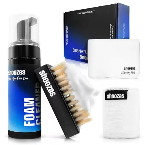 Shoozas - Kit de Limpieza Zapatillas - Limpiador en Espuma, Alfombrilla Impermeable, Cepillo y Toalla de Microfibra - Ideal para Cuero, Goma, Plástico y Suelas - Sin Agua, Sin Tóxicos, Secado Rápido