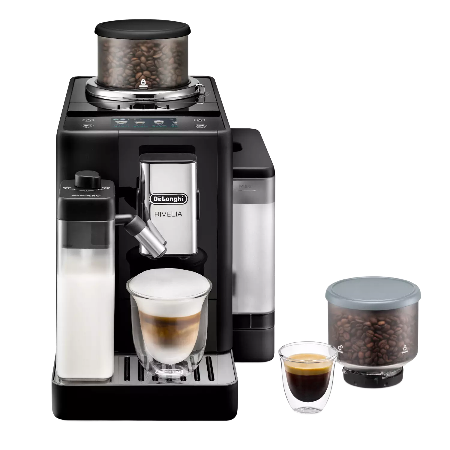 Cafetera superautomática - De'Longhi Rivelia EXAM440.55.B, 1450W, 19bar, Molinillo integrado, LatteCremaHot, Depósito leche, Táctil, 16 recetas, Negro
