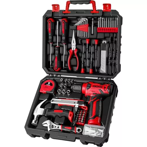 DEKO Caja Herramientas Completa con Destornillador Electrico/Taladro con bateria de 8V, Maletin de 126 Piezas