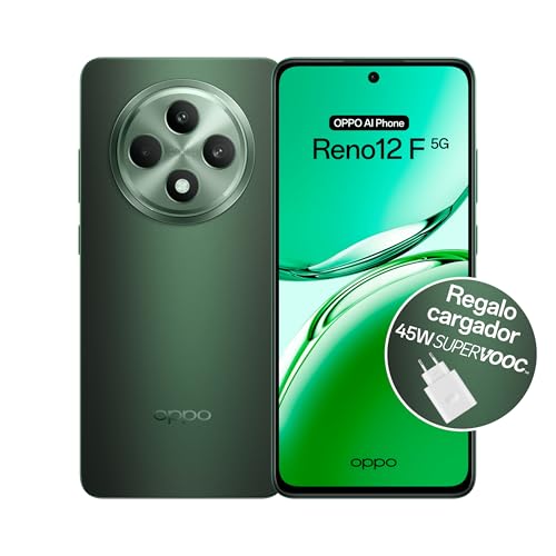 OPPO Reno12F 5G - Smartphone Libre con IA, 16GB (8GB+8GB) 256GB, Pantalla 2.5D AMOLED 6.7", Cámara 50+8+32 MP, Android, IP64, Batería 5000mAh, Carga Rápida 45W, Cargador Incluido - Black Green