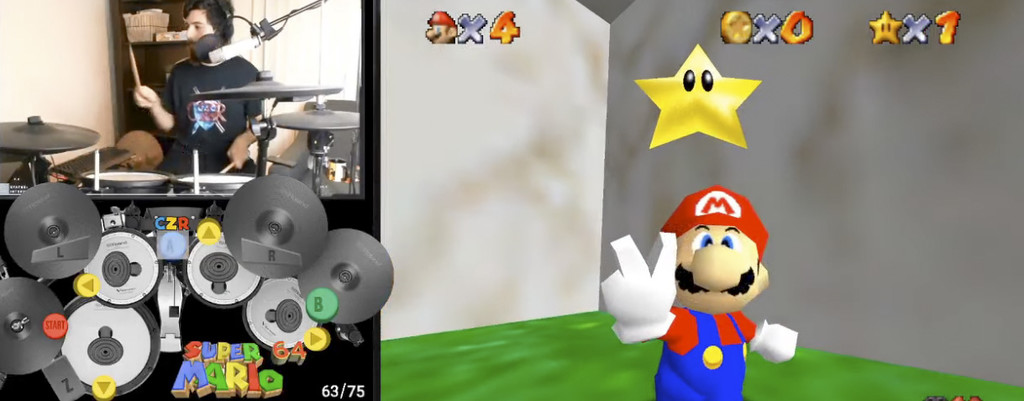 Completar Super Mario 64 en menos de 30 minutos ya es un logro. Hacerlo tocando la batería lo es aún más Completar Super Mario 64 en menos de 30 minutos ya es un logro. Hacerlo tocando la batería lo es aún más