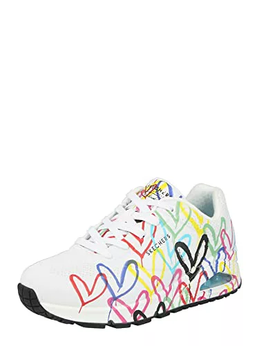 Skechers Mujer Uno Spread The Love Trainers, White Durabuck W Multi Color Heart Print/Mesh, 38 EU