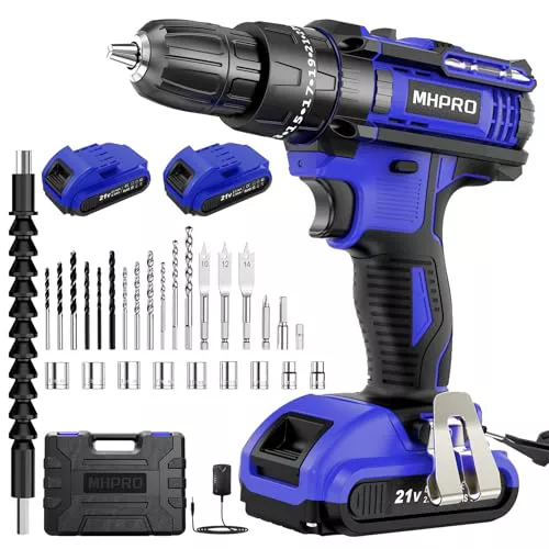 MHPRO Taladro Percutor a Bateria 21V, Taladro Atornillador Bateria con 2 Baterías 2000mAh, Destornillador Electrico 42Nm, 25+3 Ajuste de Par, 30 Accesorios, 2 Velocidad, LED Luz Para Hogar, Bricolaje