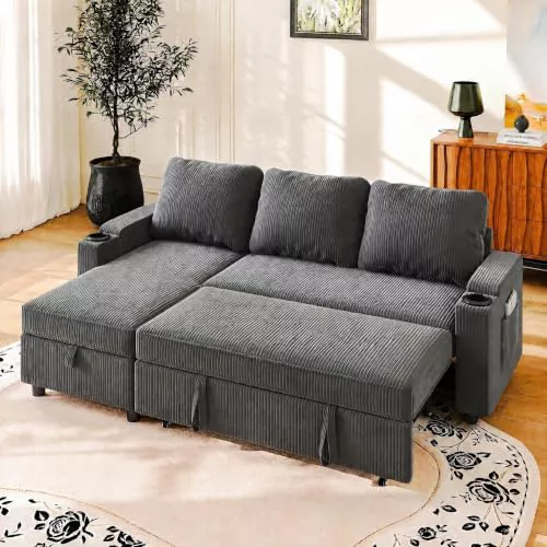 JUMMICO Sofá Cama Esquinero 3 Plazas con Almacenamiento y Reposabrazos Multifunción, Convertible para Sala de Estar,Gris