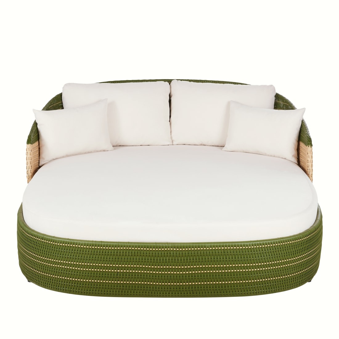 Valencia Business - Tumbona doble profesional en resina reciclada tejida verde y beige y cojines en poliéster reciclado crudo