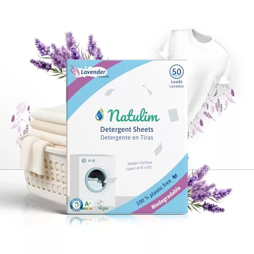 Natulim - Detergente en Tiras para Lavadora (50 Lavados) - Incluye Suavizante, Ecológico, Hipoalergénico, Made in Spain - Ropa limpia y suave sin ensuciar el Planeta (Fragancia Lavanda)