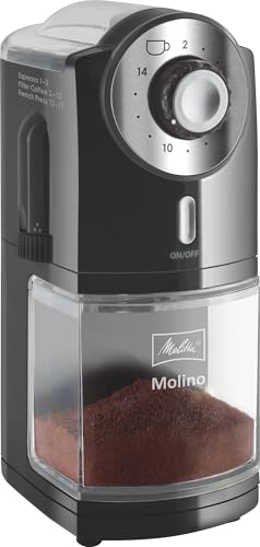 Melitta Molino 1019-02 - Molinillo de café eléctrico con 17 ajustes personalizables de molienda, apto para distintas cafeteras, moledor de café con disco de acero y depósito para granos, 200 g, negro