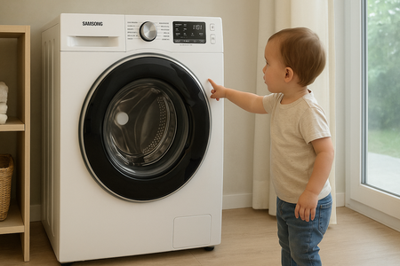 lavadora Samsung y un niño