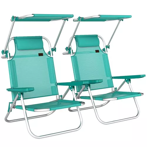 Outsunny Pack de 2 Sillas de Playa Plegables con Dosel Ajustable, Respaldo Reclinable en 6 Posiciones y Reposacabezas, Sillas Bajas Portátiles con Brazos Carga 120kg para Acampada Jardín Turquesa