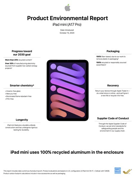 iPad mini 7に関するAppleの環境報告書は、持続可能性における進歩を強調しています。