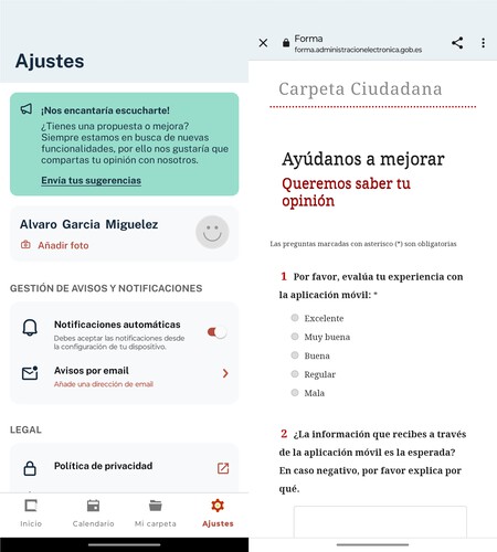 Opciones App Carpeta Ciudadana