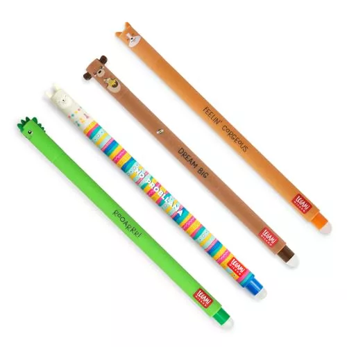 Legami - Set de 4 bolígrafos de gel borrable, temas Dino, Osito, Corgi, Llama, bola en el extremo para quitar la tinta Negro, Azul, Verde, Rojo, sensible a la temperatura, diámetro de la punta 0,7 mm