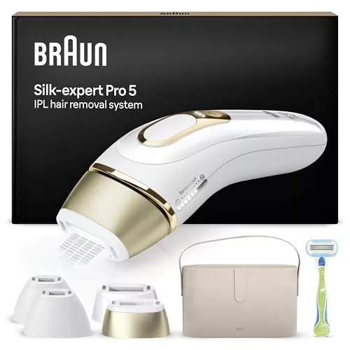 Braun Luz Pulsada Silk-expert Pro 5, Eliminación Del Vello En Casa, Alternativa a Depilación Láser, Depiladora IPL Con Funda, Maquinilla Venus, 4 Cabezales Para Cara y Cuerpo, Blanca/Dorada, PL5342