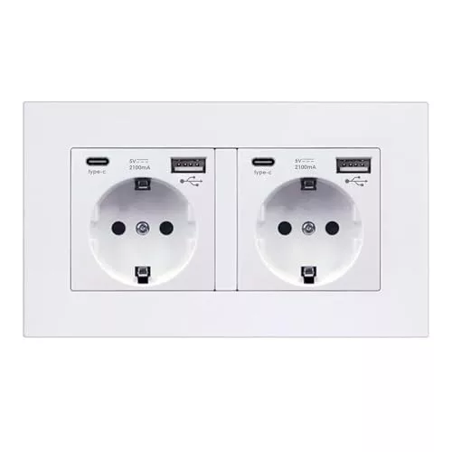 Enchufe Doble de Pared 250V 16A. Toma de Corriente Empotrada. Enchufe Múltiple con 2 Tomas, 2 USB-A, 2 USB-C 5V 2100mA de Carga Rápida. Enchufe Europeo Interior.