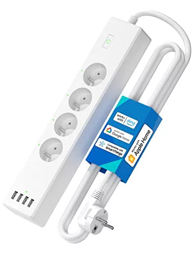 Regleta inteligente (tipo E) 16 A wifi compatible con Apple HomeKit, Alexa y Google Home (4 tomas de CA y 4 puertos USB)