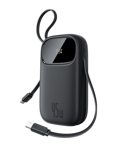 Baseus Powerbank 45W 20000mAh con 2 Cables USB-C Integrados, Power Bank PD3,0 QC4,0 Baterías Externas Carga Rapida, 3 C 1 A, Cargador Portátil para iPhone 16/15/14 Pro MAX, Samsung, Negro