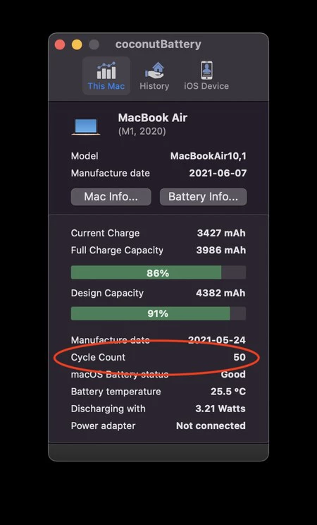 Coconutbattery Mac のバッテリー サイクル