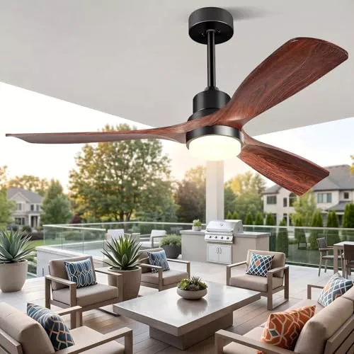 Forrovenco Ventilador de Techo con Luz y Mando a Distancia, Ventilador Techo Exterior de 132 cm con Lámpara LED, Motor DC, 6 Velocidades, Temporizador, para Interior y Exterior, 132cm, Marrón