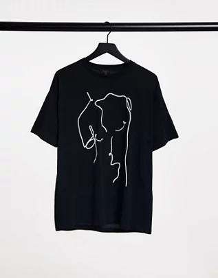 Camiseta negra extragrande con estampado de boceto de silueta de New Look