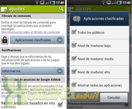 Android Market permite el filtrado de contenido para restringir las aplicaciones que se pueden descargar
