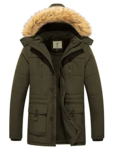 WenVen Abrigo Puffer Cálido Invierno Chaqueta de Algodón a Prueba de Viento Parka Capucha Gruesa Extraíble con Pelo Chaqueta de Lana Exteriores Hombre Verde Militar Small