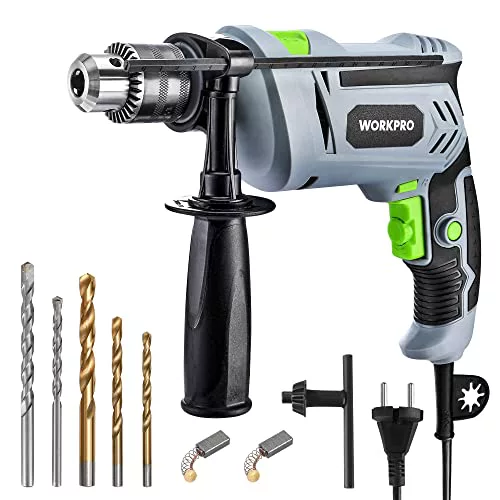 WORKPRO 850W Taladro Percutor, Taladro Eléctrico con Cable, Taladro de Impacto con Mango Giratorio de 360°, 3000 RPM, Botón de Velocidad Variable