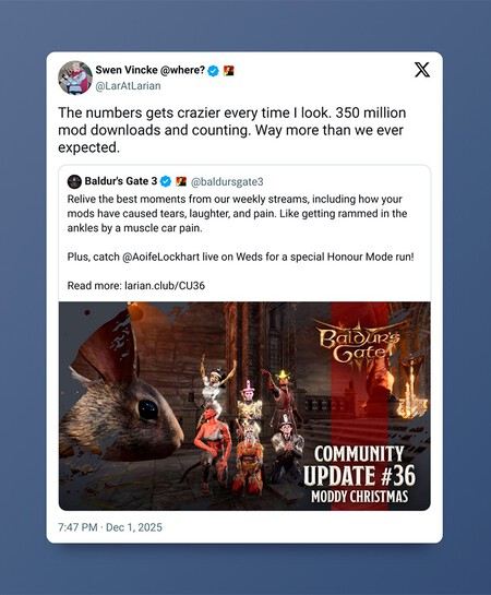 Larian ya tiene la mente puesta en su próximo gran proyecto, pero los fans de Baldur's Gate 3 se niegan a pasar página con una cifra de descargas que asusta