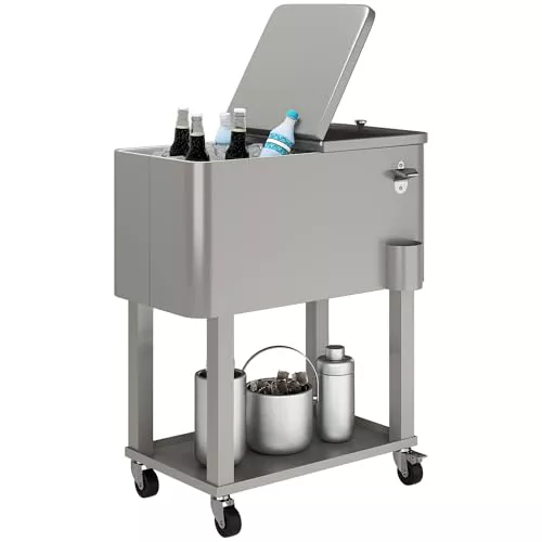 Outsunny Carro de Bebidas Refrigerado 56L Carro Nevera con Ruedas Abrebotellas y Estante para Patio Fiesta Terraza 67x35x80 cm 
