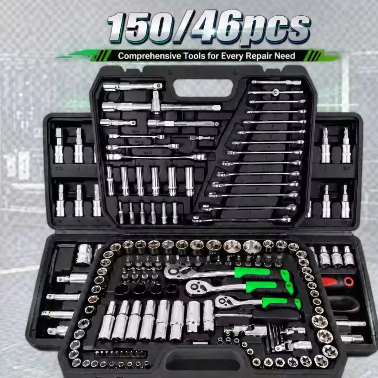 Juego de Llaves de Trinquete de Alta Resistencia CR-V de 150/46 Piezas, Kit de Herramientas Multifuncional para Reparación Mecánica de Automóviles con Estuche de Almacenamiento
