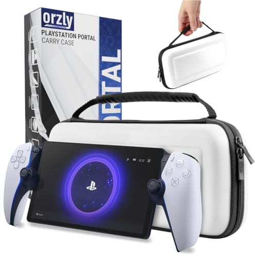 Orzly Estuche de Transporte para Reproductor Remoto PlayStation Portal, Accesorios para Consola PS5, protección para Viajes y Almacenamiento, Cargador de Auriculares Blanco/Negro - Edición de Regalo