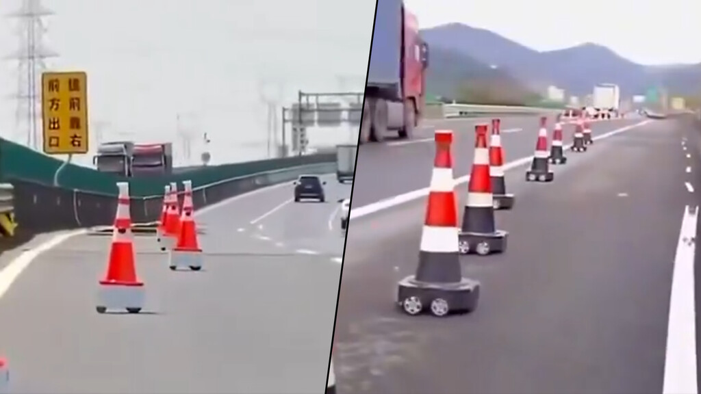 No estamos acostumbrados a ver conos de tráfico que se colocan solos. En China ya los están probando