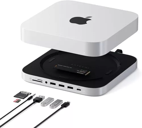 SATECHI Mac Mini ハブ & スタンド SSD ケース付き NVME/SATA M.2 用、USB-C 10Gbps 付き Mac Mini ドック、3 USB-A 5/10Gbps、2.0 オーディオ ジャック、Mac Mini M2 /M1、Mac Studio 用 - シルバー