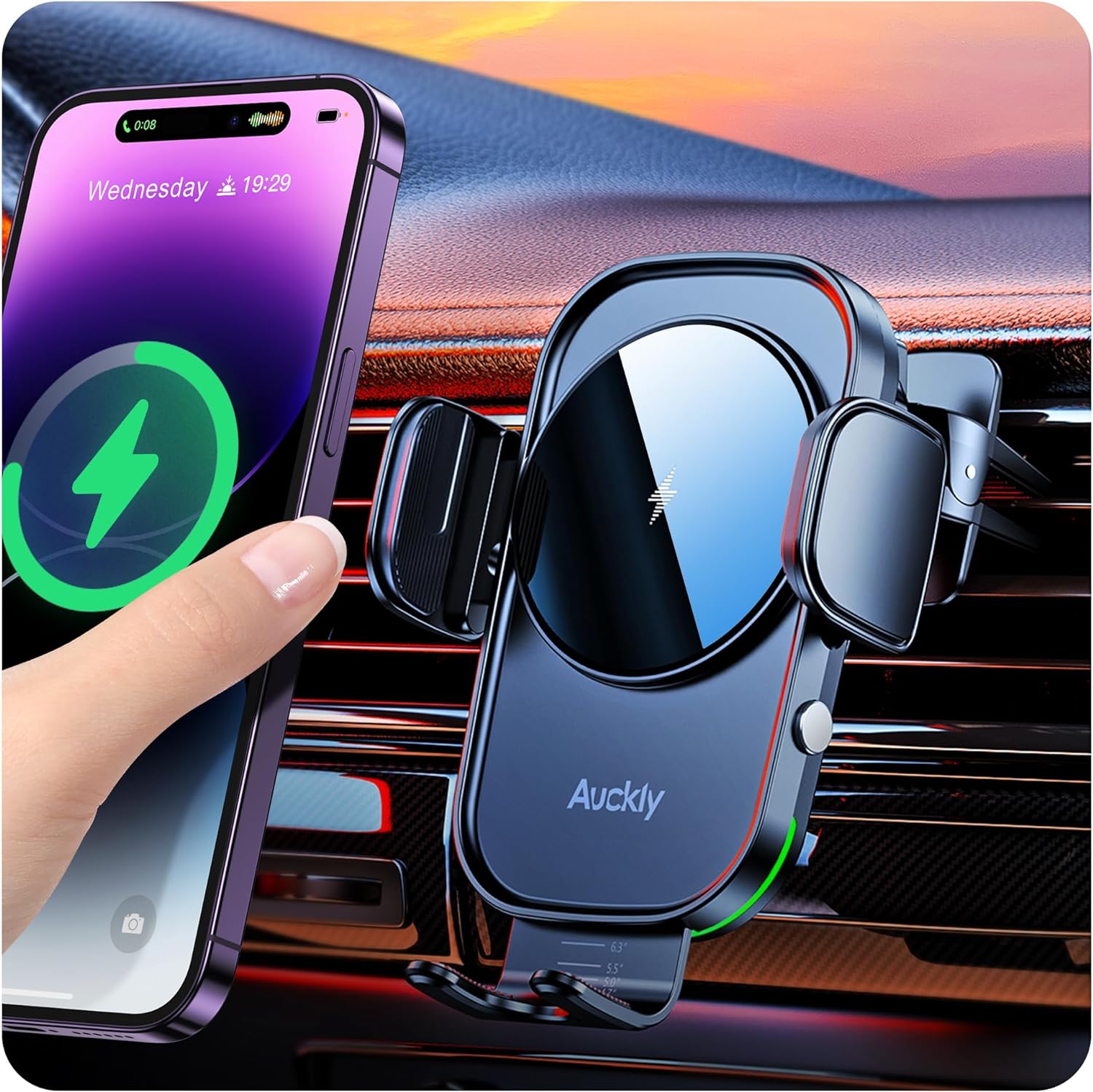 Auckly Qi 15W Cargador Inalámbrico Coche,Wireless Car Charger Soporte con Bloqueo Automático Rápida Salida de Aire para iPhone 13/12 Pro MAX Mini 11/XS MAX/XR/8/7,Galaxy S20/S10/P20 Note 9/S9 y Otros
