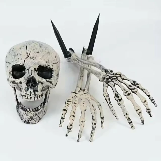 Estacas de esqueleto realistas para Halloween, cabeza de esqueleto de calavera realista, brazos de mano humana para fiesta de Halloween, decoración de césped y jardín en casa
